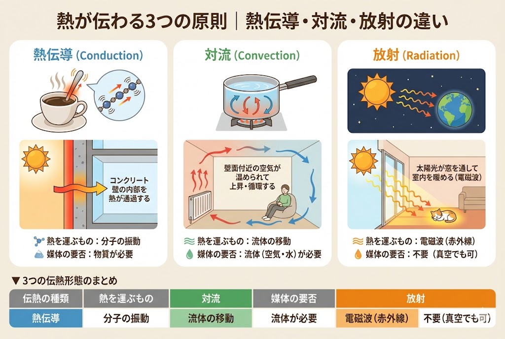 熱伝導・熱伝達・放射とは?建物の壁を通る熱の伝わり方と熱貫流率の計算|建築設備NOTE