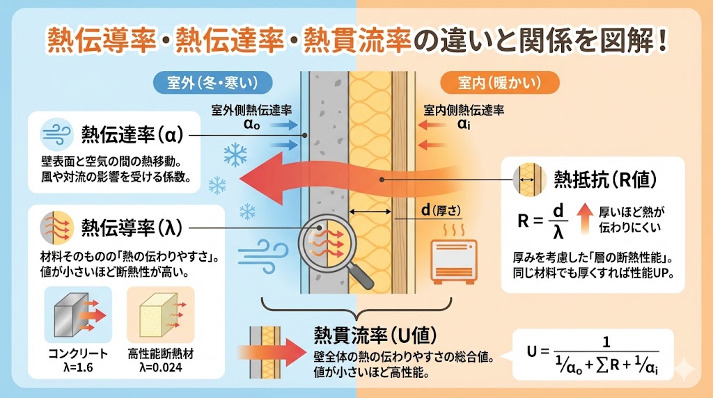 熱伝導率・熱伝達率・熱貫流率の違いと関係