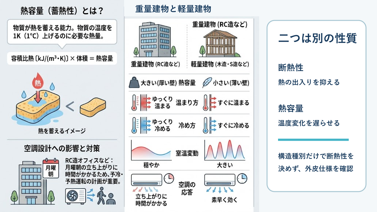 重量建物と軽量建物の熱容量、温まり方、冷め方、空調応答の違いを示した図