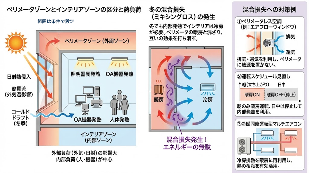 ペリメータとインテリアの負荷の違い、冬の混合損失、対策例を示した図