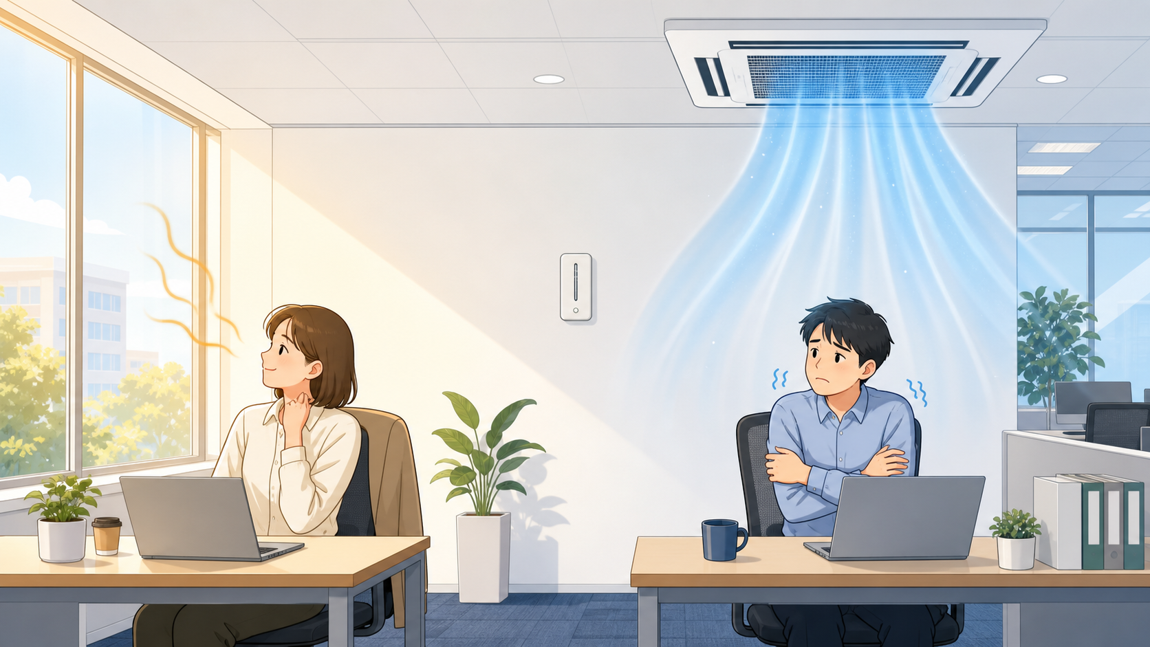 同じ室温のオフィスでも窓際の日射と吹出口の気流で暑さ・寒さの感じ方が変わる様子