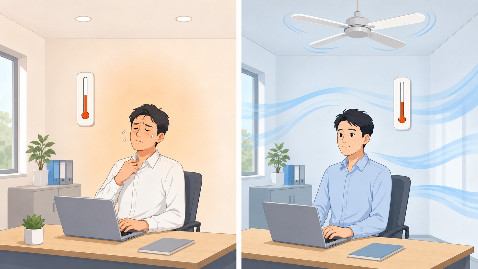 同じ室温でも気流の有無によって体感が変わる二つの室内