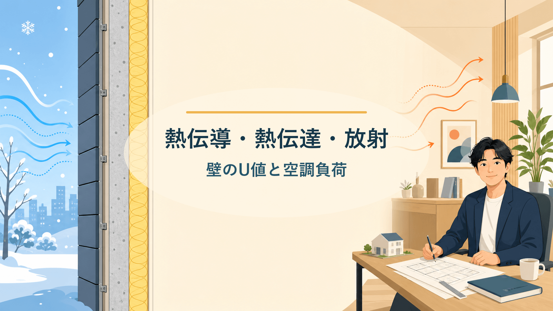 熱伝導・熱伝達・放射と壁のU値をテーマに、冬の屋外、断熱された外壁、設計者を描いたフラットデザインのアイキャッチ