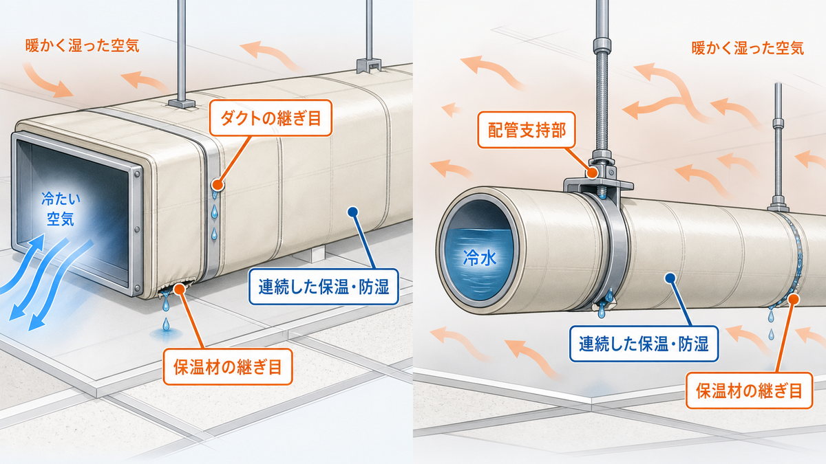ダクトの継ぎ目、配管支持部、保温材の継ぎ目で保温と防湿の連続性を確認する図