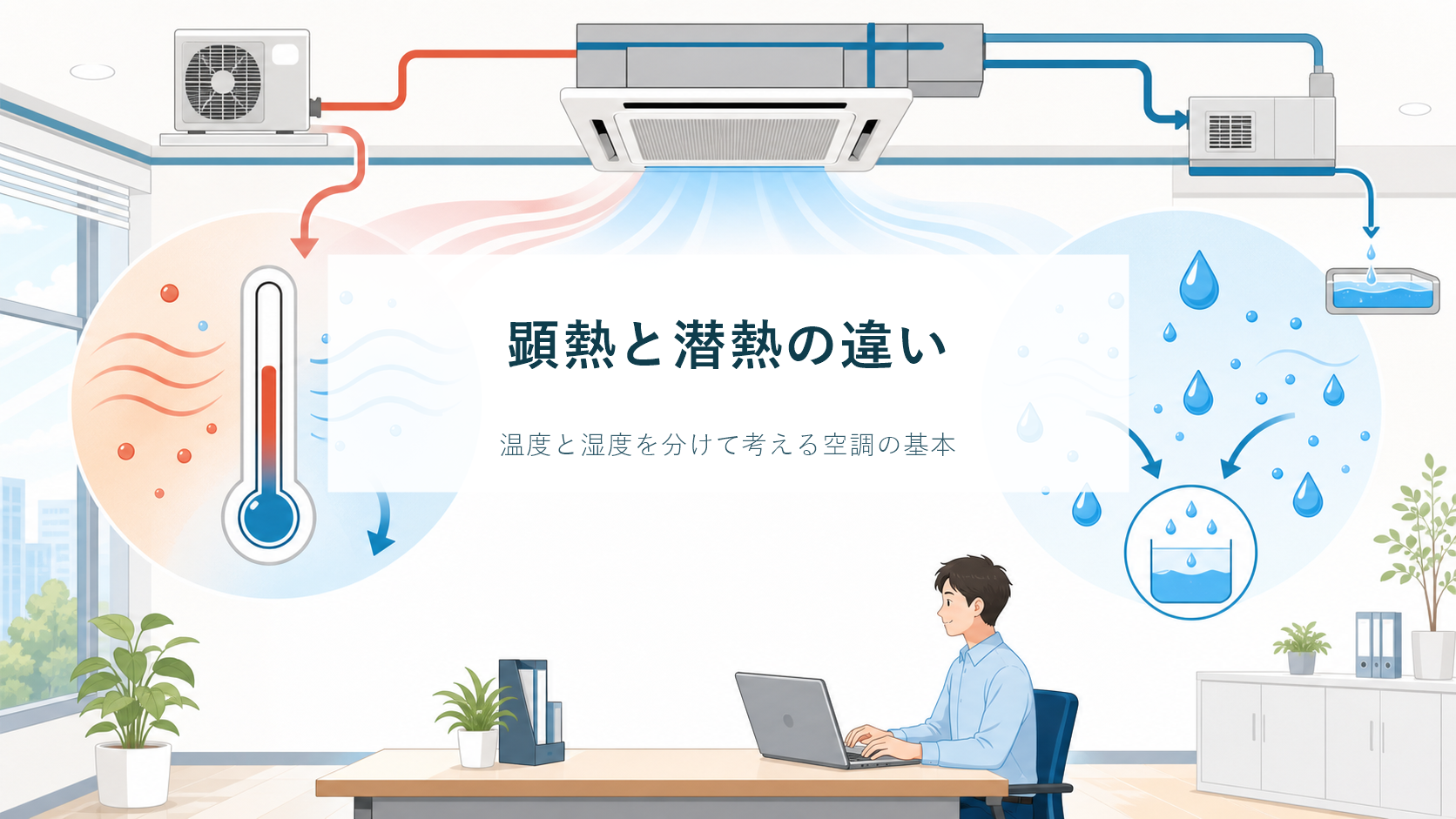 温度を表す温度計と湿度を表す水滴を空調設備とともに描いた顕熱と潜熱の解説図