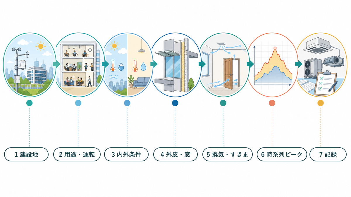 建設地、用途、内外条件、外皮と窓、換気とすきま、時系列ピーク、記録の順に示した設計条件確認手順