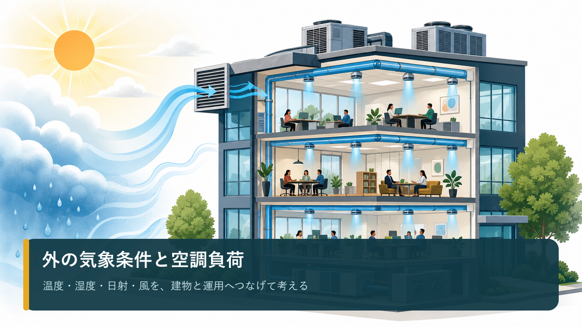 日射が窓に当たり、湿った外気が外気取入口から空調設備へ取り入れられる様子を描いたオフィス断面図