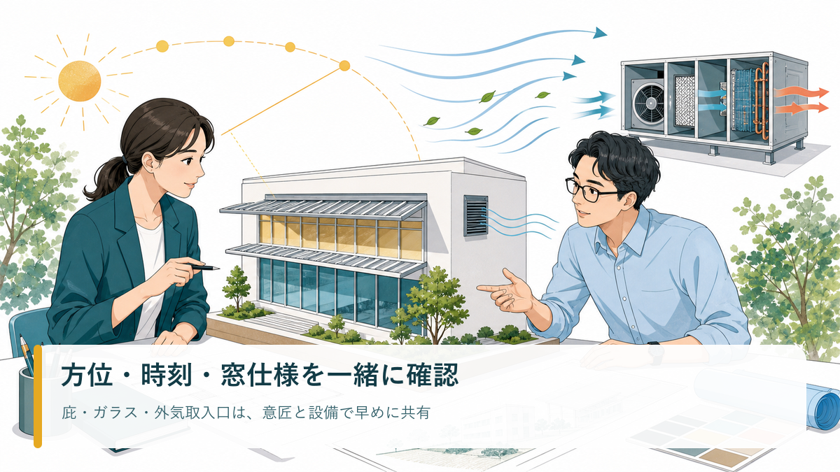 建物模型を囲み方位・時刻・窓仕様・庇・外気取入口を確認する意匠設計者と設備設計者