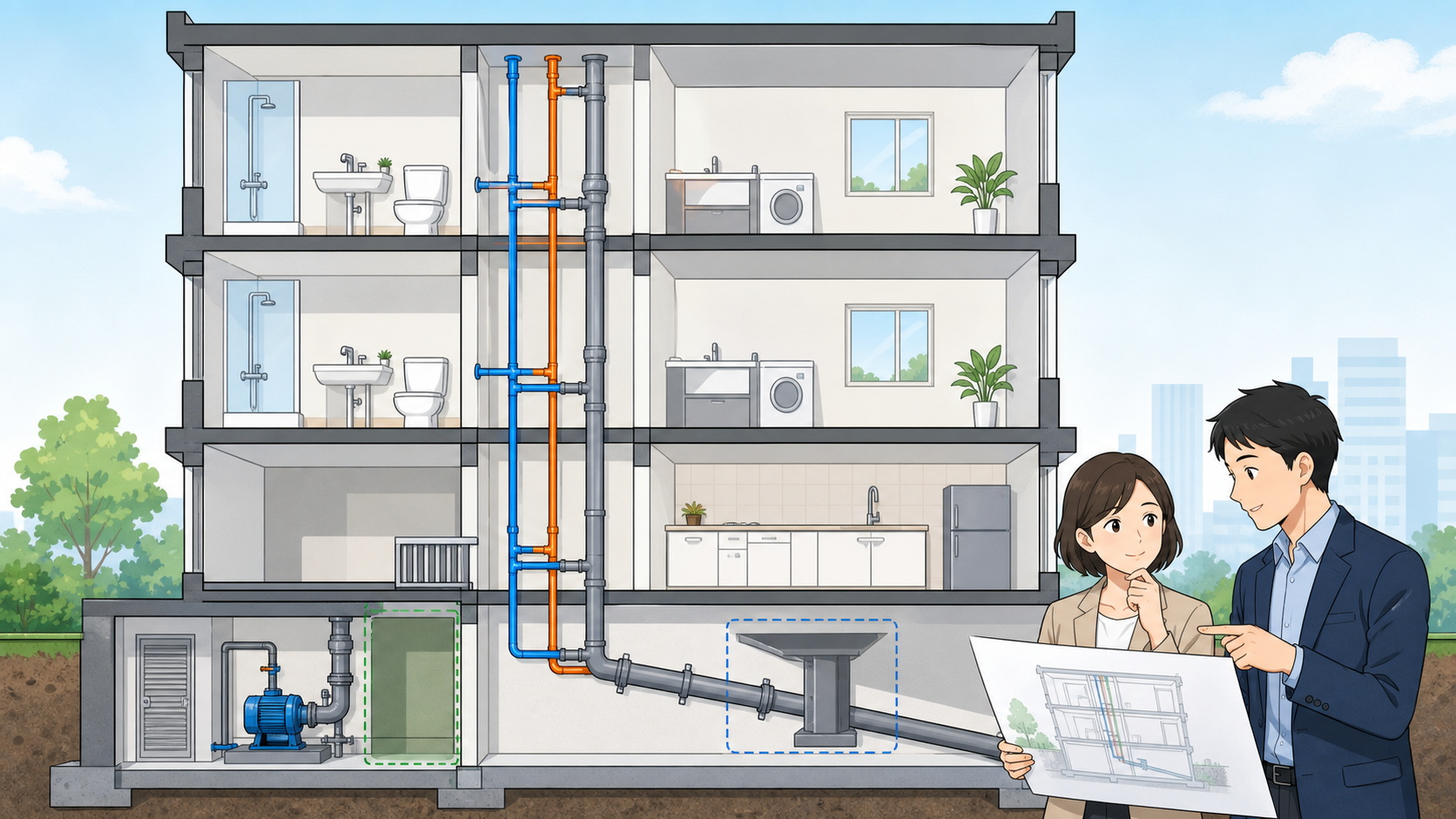 給水・給湯・排水管が通るPS、排水勾配と梁、機器の点検空間を建物断面で確認する意匠設計者と設備設計者