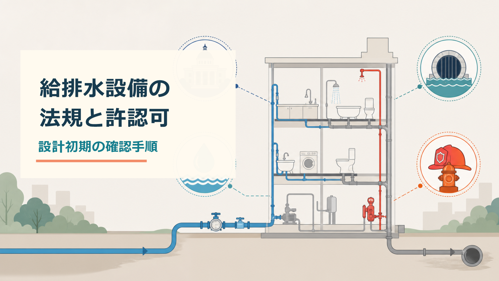建物の給水・排水・消火設備と行政・上下水道・消防の協議先を表したイラストと記事タイトル