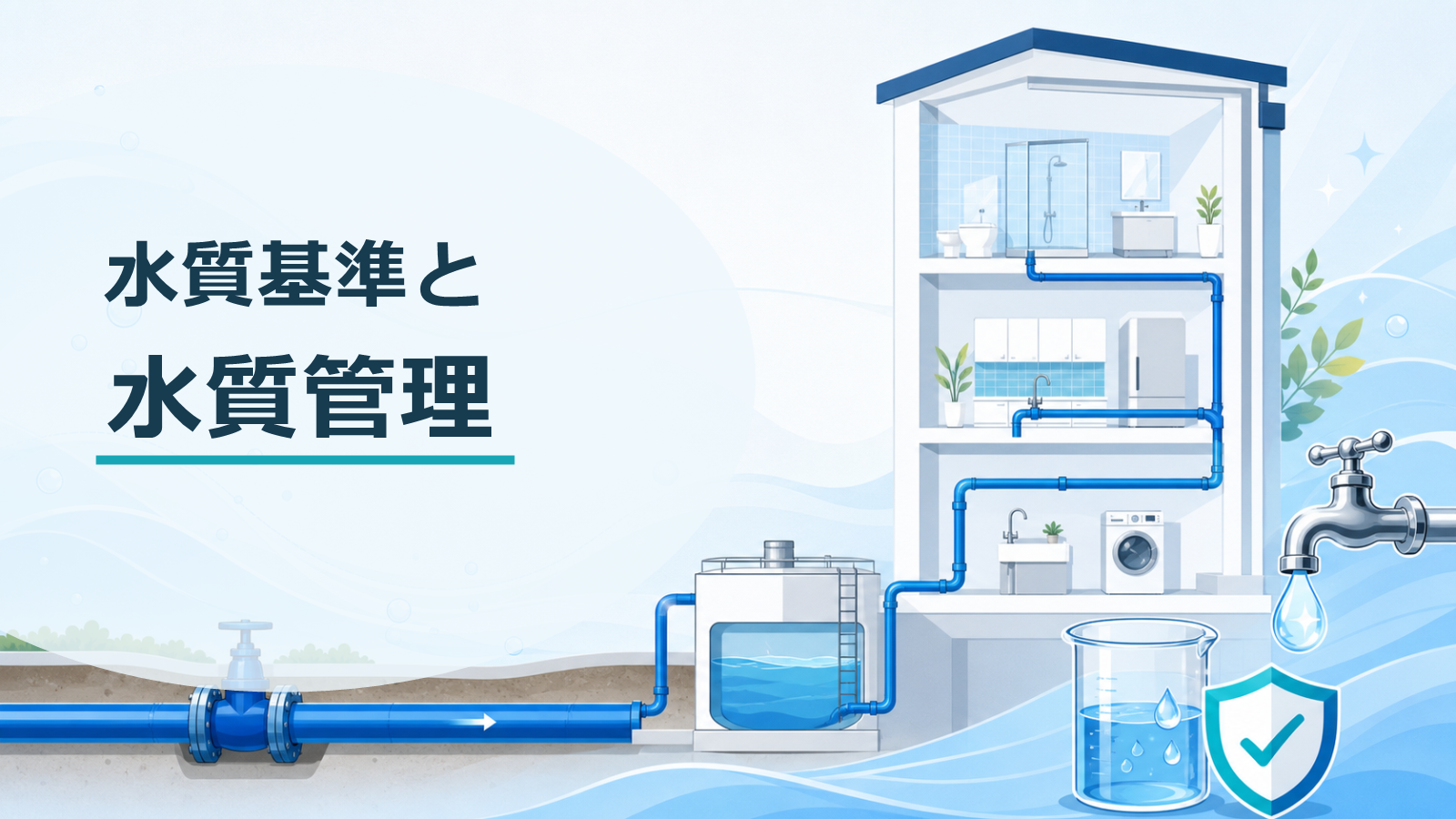 給水設備と水質管理を表したフラットイラストと水質基準・水質管理のタイトル