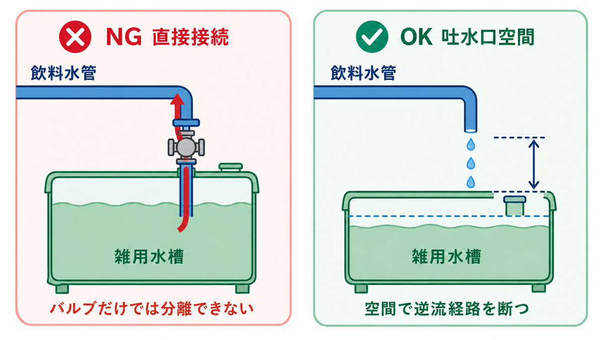 飲料水管を雑用水槽へ直接接続した場合の逆流経路と、吐水口空間によって物理的に分離した場合を比較した図