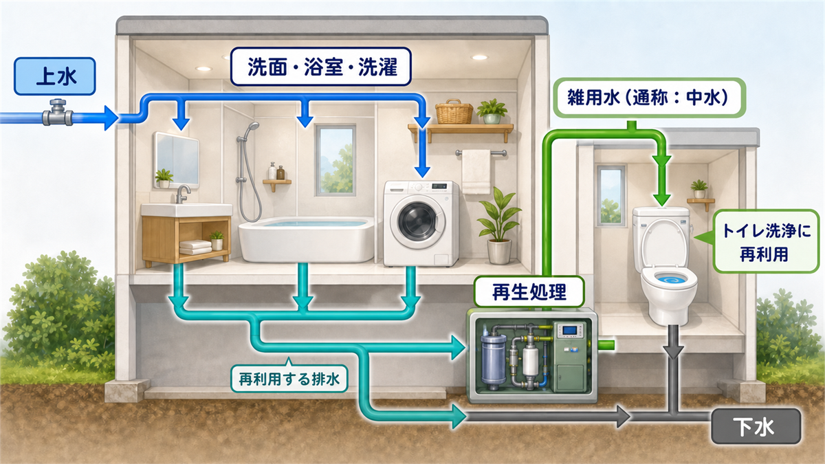 建物内で上水を使い、排水の一部を再生処理して雑用水としてトイレ洗浄に再利用し、最後に下水へ流す図