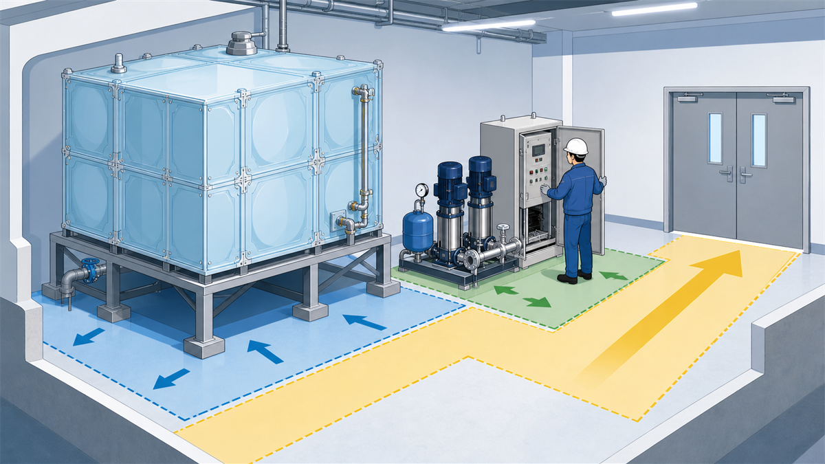 受水槽と給水ポンプの機械室で、点検・清掃・更新に必要な空間を示すイラスト