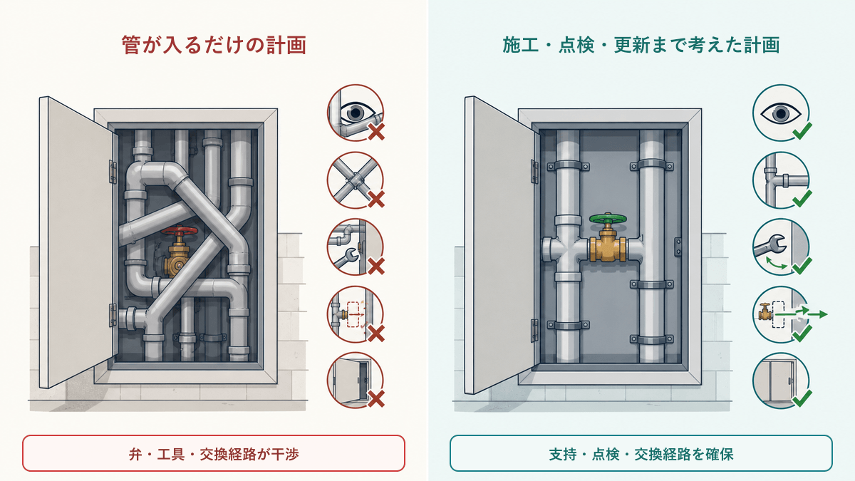 配管だけが納まる計画と、施工・点検・更新まで考えた計画を左右に比較するフラットな解説図