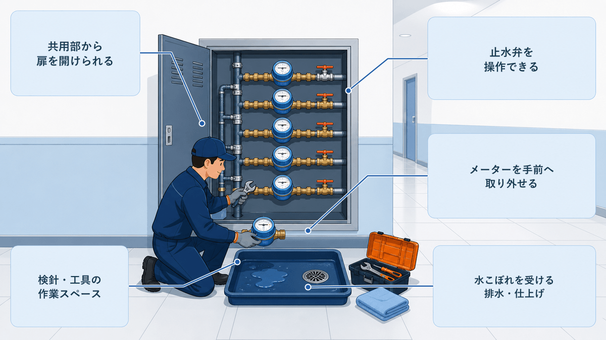 共用廊下側から水道メーターを検針し、止水栓を操作し、取替え時に引き出す範囲を示すフラットな解説図