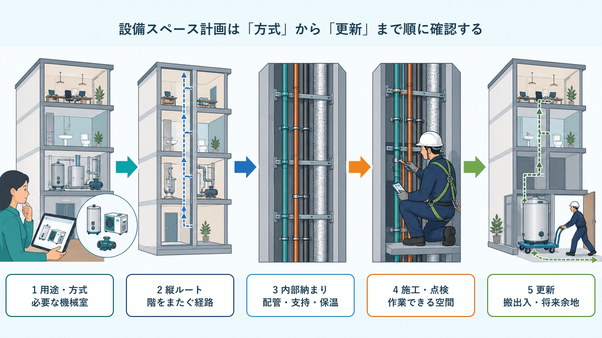 設備方式と器具配置から縦ルート、内部納まり、点検更新までを順に確認するフラットな工程図