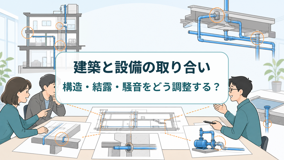 意匠・構造・設備の担当者が建物断面と配管の取り合いを協議するイラスト