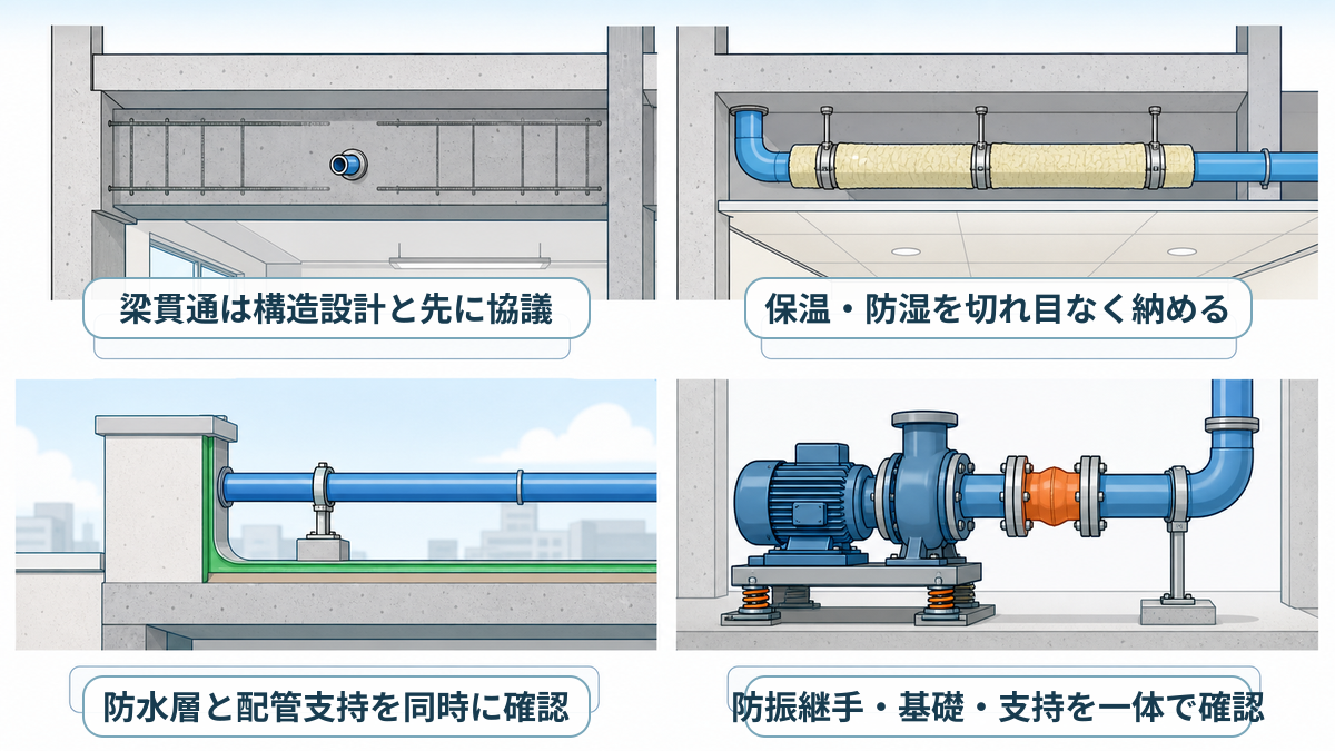 梁貫通、配管保温、屋上防水、ポンプ防振の四つの取り合い場面