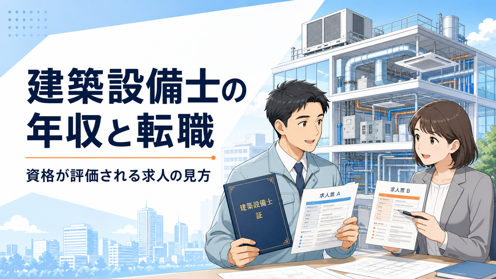建築設備士の資格を持つ設備技術者が二つの求人票を相談員と比べるイラスト
