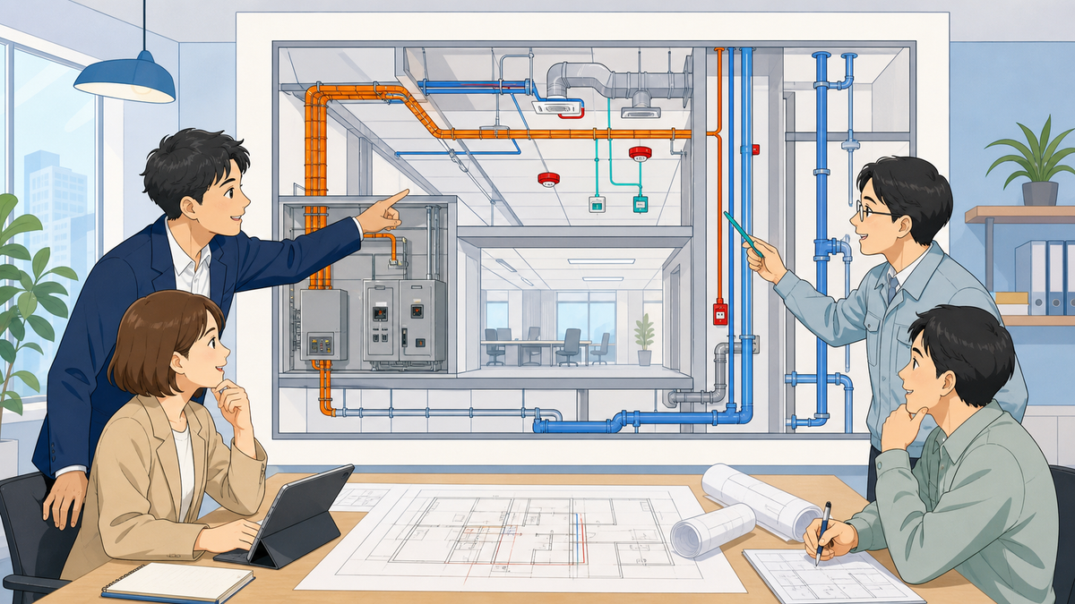 意匠・電気・空調・衛生の担当者が建物断面図を見ながら設備条件を調整する場面