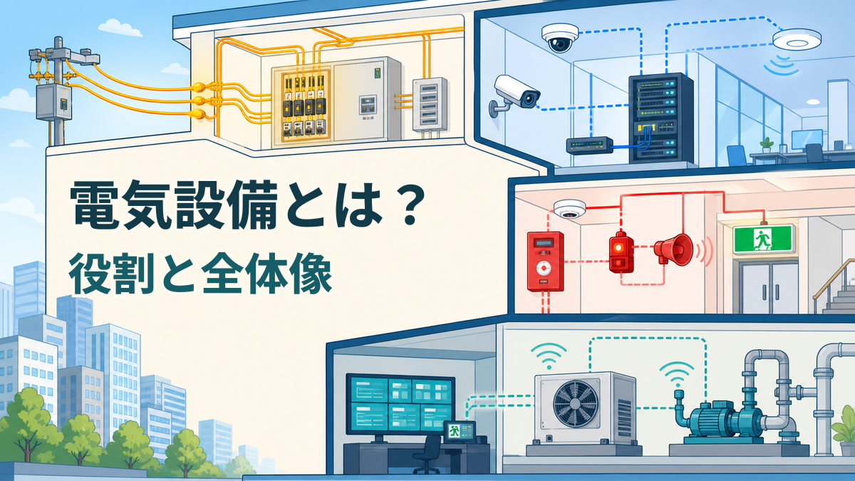 電気設備の電力・情報通信・防災・監視制御を示す建物断面イラスト