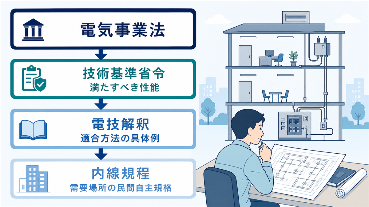 電気事業法から内線規程までの役割を示す法令体系の解説図