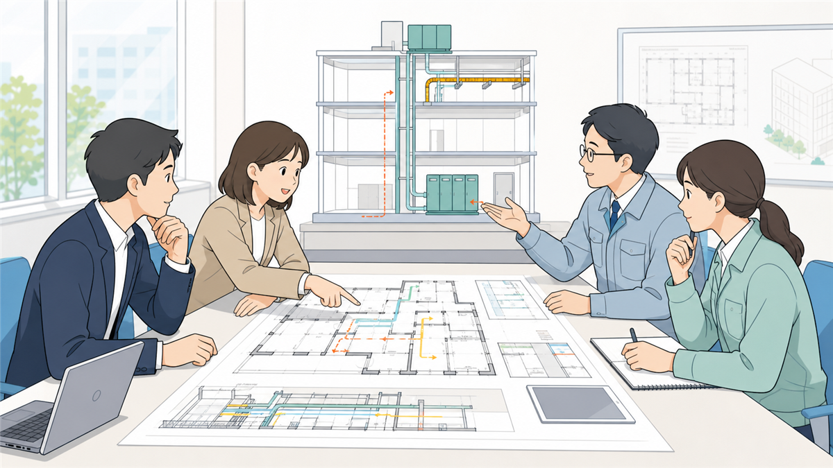 電気設計者と建築・構造・他設備担当が電気室や配線経路を協議する場面