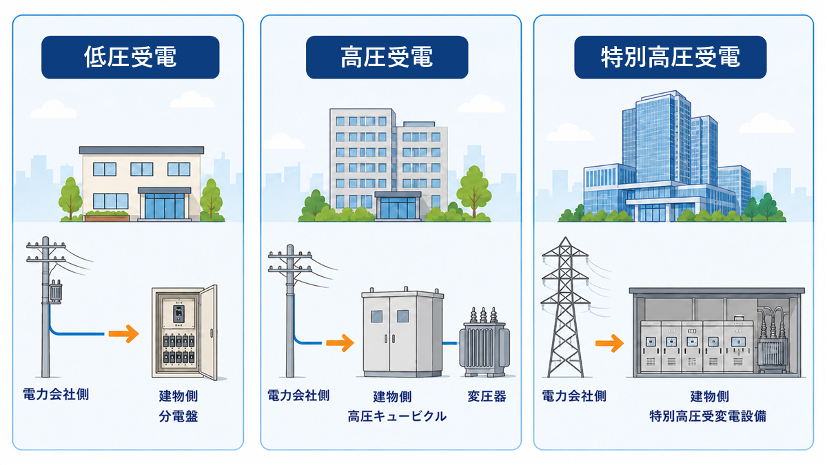 低圧・高圧・特別高圧で建物側の受電設備が変わる比較