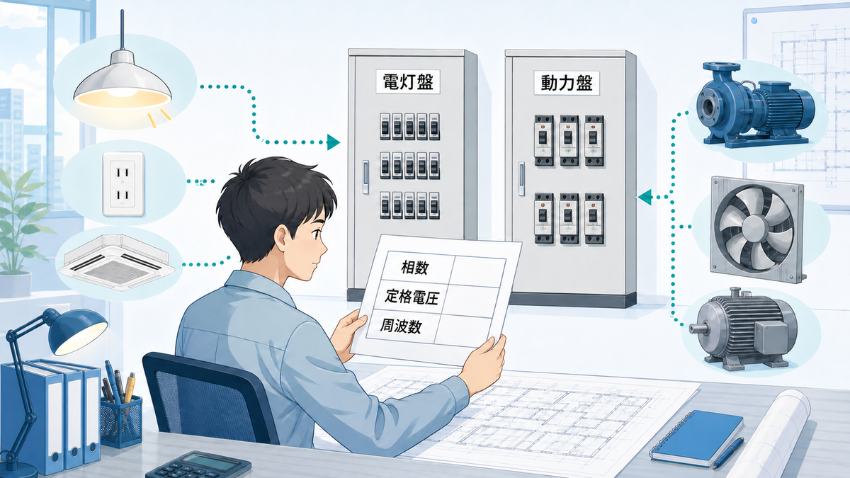 設計者が機器銘板の相数・電圧・周波数を確認し電灯盤と動力盤へ分ける場面