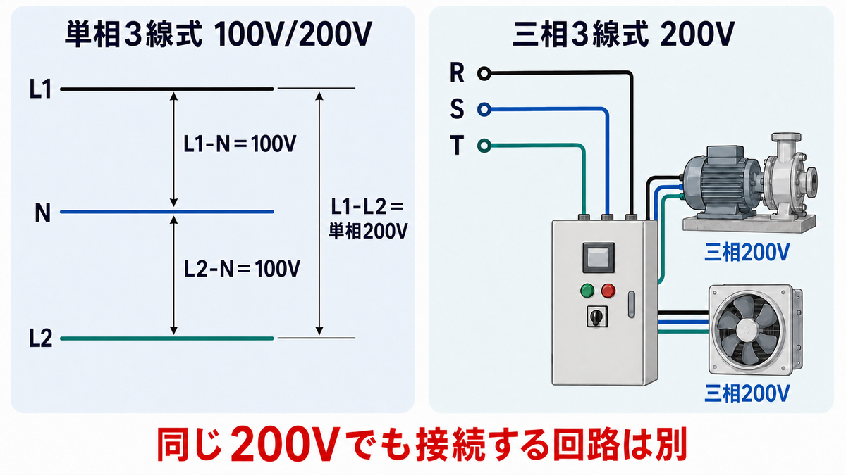 単相3線式100V・200Vと三相3線式200Vの配線と主な機器の比較
