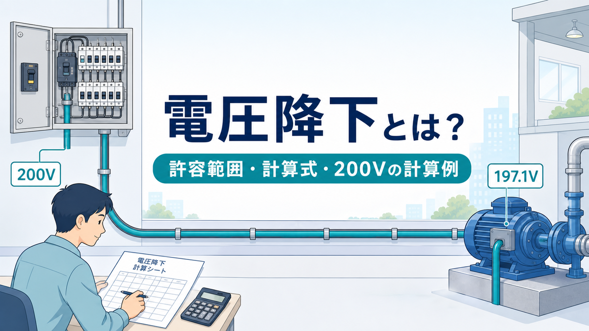 分電盤から長い幹線でポンプへ給電し、200Vが197.1Vへ下がる電圧降下を計算する設備設計者