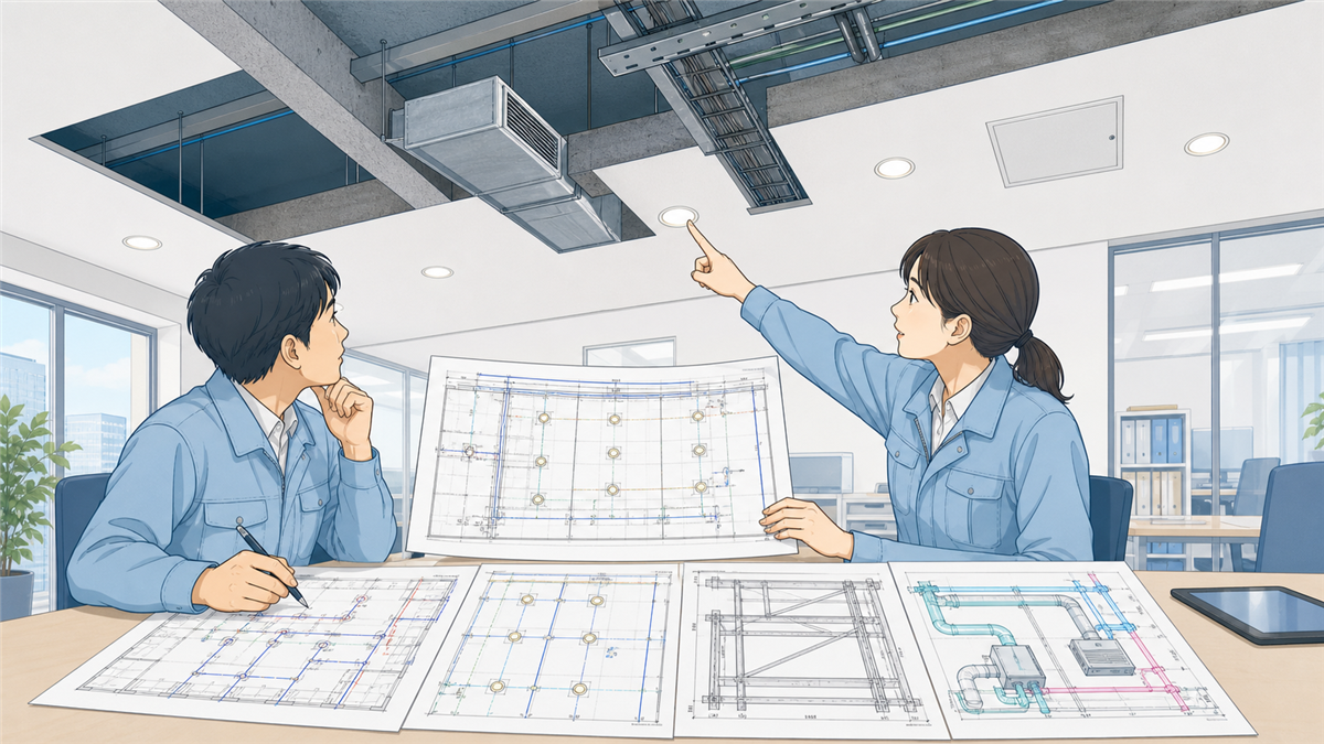 電気設備図面と天井伏図・構造図・機械設備図を見比べ、照明・配線と梁・ダクトの干渉を確認する設計者