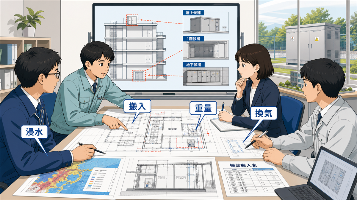 電気室の平面図と断面図、ハザードマップ、機器搬入表を見比べて設置場所を調整する設計者