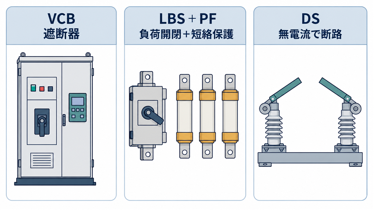 VCB、LBSとPF、DSを三つの独立したパネルで示し、遮断・負荷開閉と短絡保護・無電流での断路という役割を比較する図