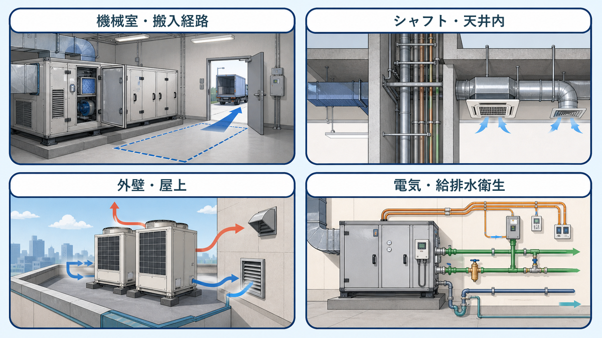 空調設備と建築の取り合いを、機械室・搬入経路、シャフト・天井内、外壁・屋上、電気・給排水衛生の4領域で示す図