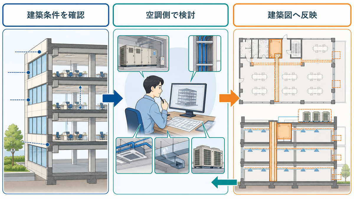建築条件を空調側で検討し、機械室・シャフト・経路を建築の平面図と断面図へ反映する調整の流れ