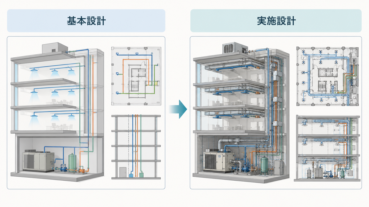 基本設計で決めた方式・概略能力・設備スペースを、実施設計で機器仕様・経路・制御条件として示す比較