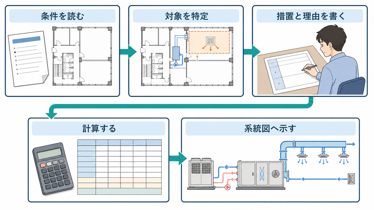 建築設備士第二次試験で、条件を読み、対象を特定し、措置と理由を記述してから計算と系統図へ進む解答の流れ
