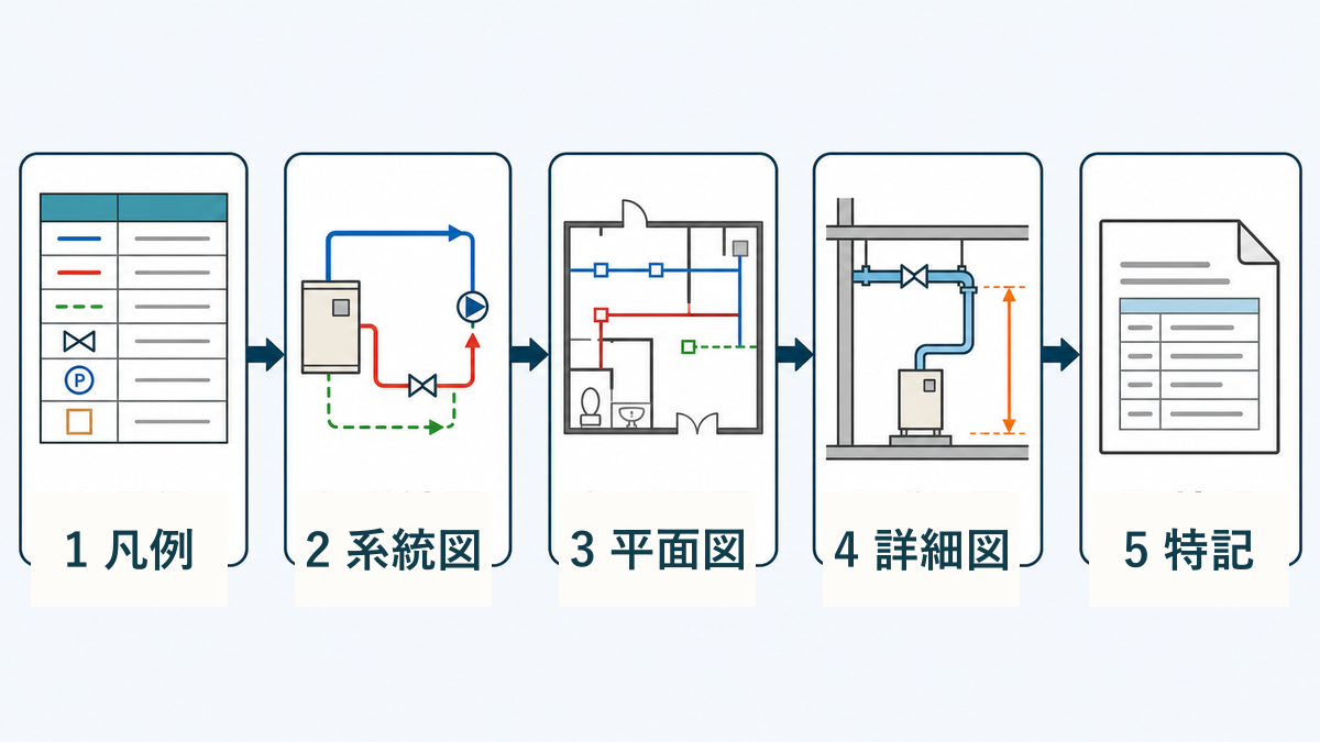 凡例、系統図、平面図、詳細図、特記の順に設備図面を確認する流れ