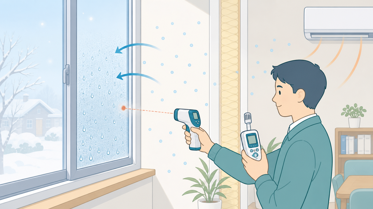 室内空気の露点温度と窓表面温度を測って結露を確認する様子