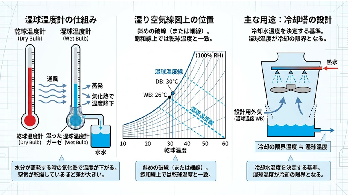 湿球温度の測定原理と線図上の湿球温度線を示す図