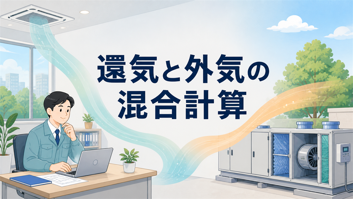 室内の設計者、天井空調、屋外の空気、空調機を背景に『還気と外気の混合計算』と題字を配置したフラットイラスト