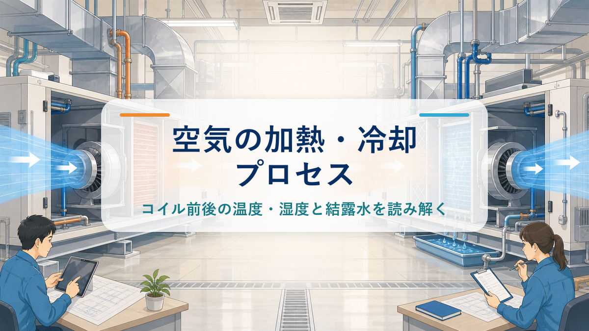 空調機械室で、加熱時と冷却・除湿時の空気の変化を左右の空調機と技術者で表したアイキャッチ