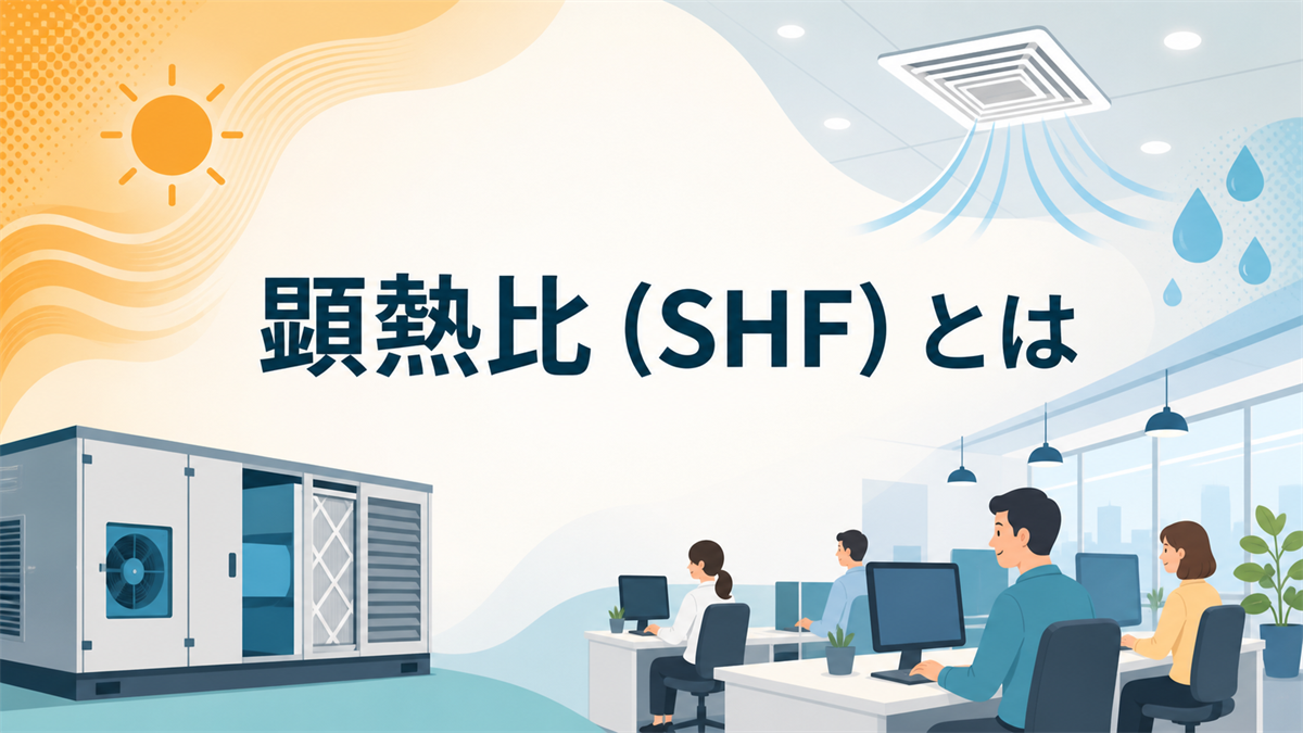 オフィス・空調機・温度と水分の表現を背景にした「顕熱比（SHF）とは」のアイキャッチ