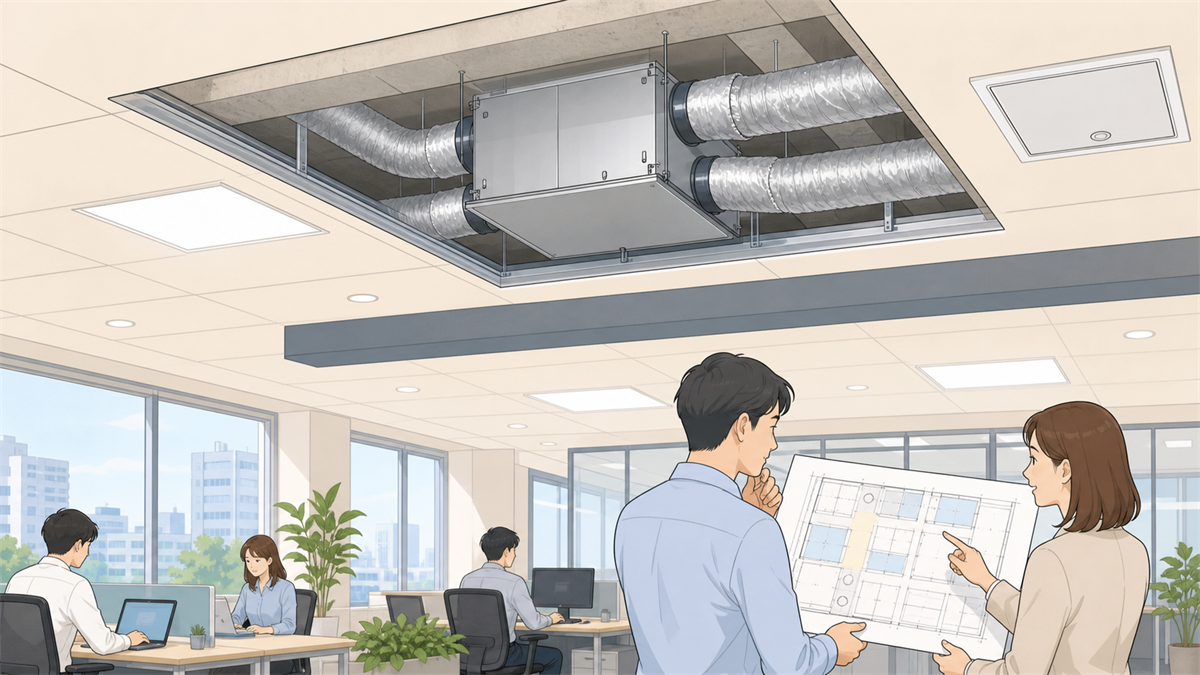 オフィス天井内の全熱交換器と4本のダクトを見ながら天井伏図を確認する設備設計者と意匠設計者