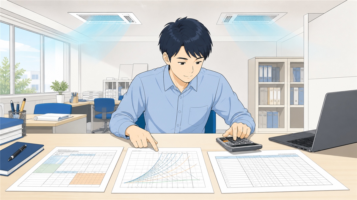 負荷計算書と湿り空気線図、空調機選定表を見比べて必要送風量を確認する設計者