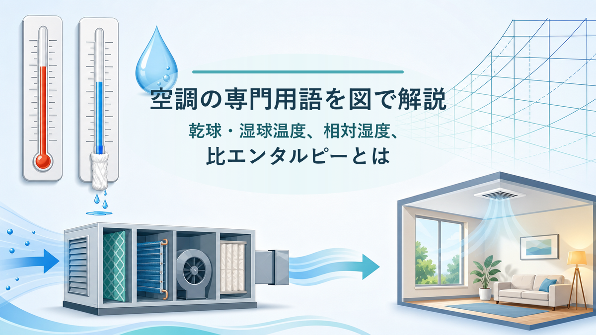 乾球・湿球温度、相対湿度、比エンタルピーを空調機と湿り空気線図で示す記事アイキャッチ