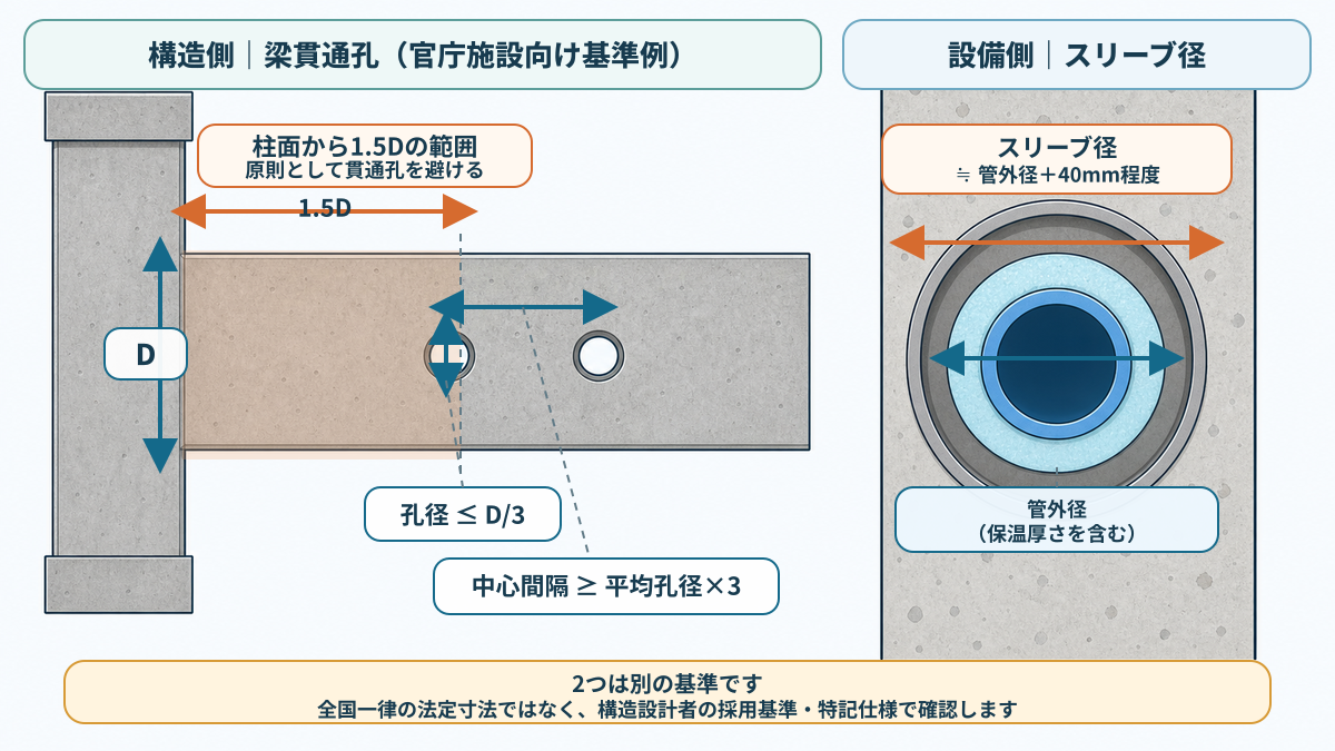 梁貫通孔の1.5D・D/3・孔間隔3倍と、保温を含む管外径より40mm程度大きいスリーブ径を分けて示す図