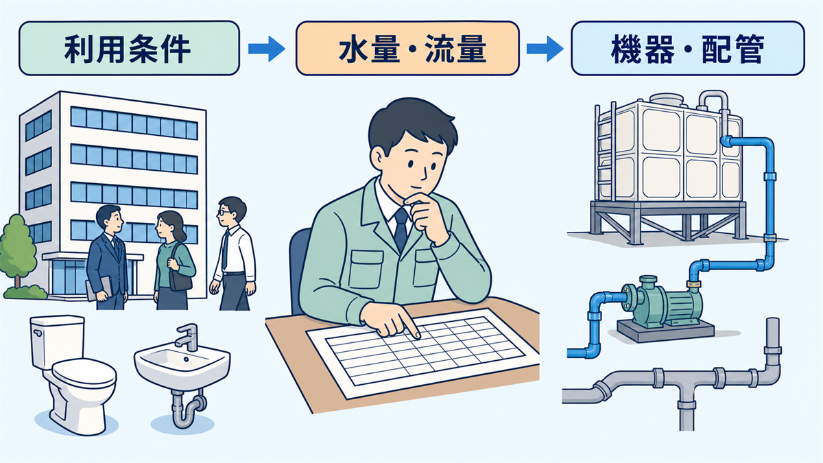 利用人員と衛生器具から水量を求めて機器と配管を選ぶ関係を示すフラット図解